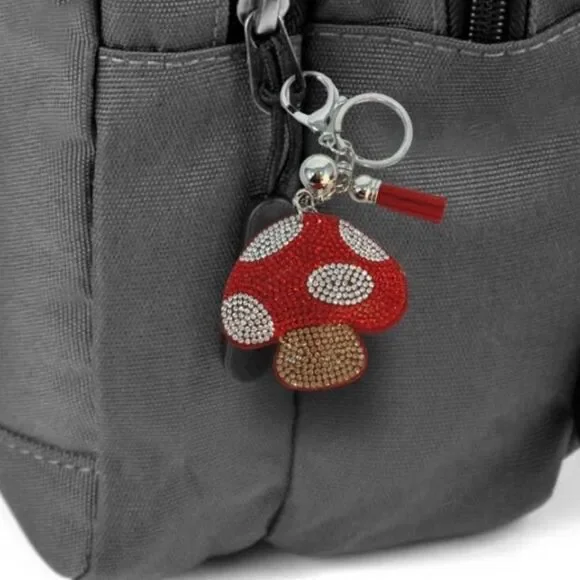 Crystal Avenue Mushroom Shroom Rhinestone Tassel Key Ring Keychain Purse Charm - Picture 2 of 4